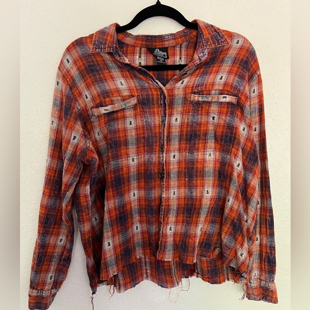 Angie Western Plaid Button Down Shirt Distressed Raw Hem Size S